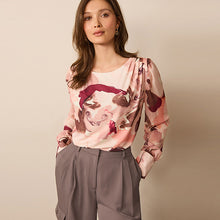 Load image into Gallery viewer, Pink Smudge Long Sleeve Crew Neck Cuff Blouse
