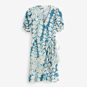 Teal Blue Leaf Print Short Sleeve V-Neck Wrap Mini Dress