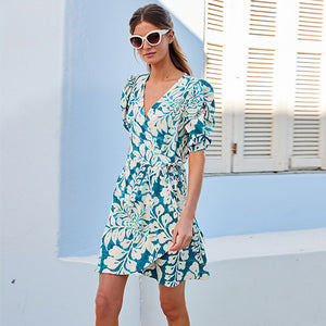 Teal Blue Leaf Print Short Sleeve V-Neck Wrap Mini Dress