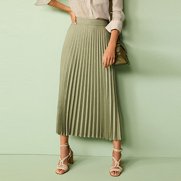 Green Khaki Pleated Midi Skirt