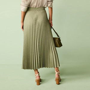 Green Khaki Pleated Midi Skirt