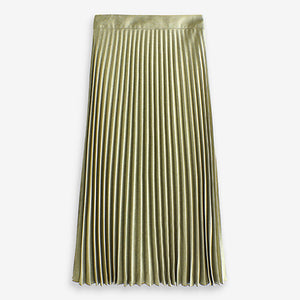 Green Khaki Pleated Midi Skirt