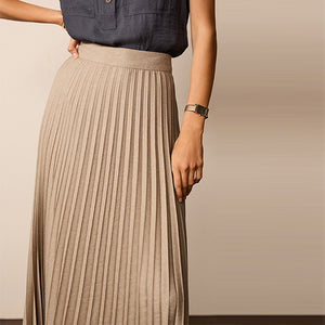 Natural Pleated Midi Skirt