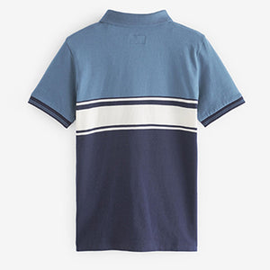 Blue/White Colourblock Short Sleeve Zip Neck Polo Shirt (3-12yrs)