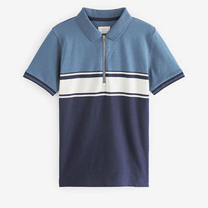 Blue/White Colourblock Short Sleeve Zip Neck Polo Shirt (3-12yrs)