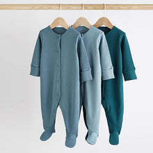 Load image into Gallery viewer, Petrol Blue Cotton Baby Sleepsuits 3 Pack (0-18mths)
