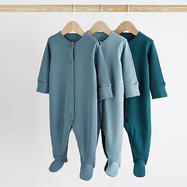 Petrol Blue Cotton Baby Sleepsuits 3 Pack (0-18mths)