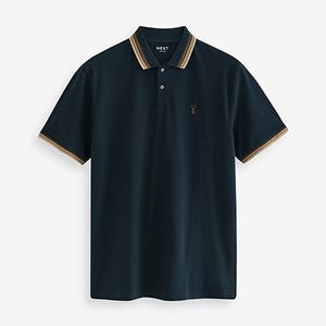 Navy Blue/Tan Brown Tipped Regular Fit Polo Shirt