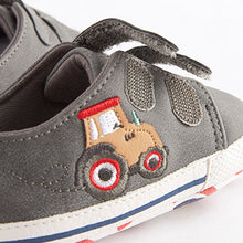 Load image into Gallery viewer, Charcoal Grey Tractor Two Strap Baby Trainers (0-24mths)
