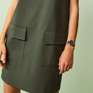 Khaki Green Utility Pocket Detail Midi Cargo Dress