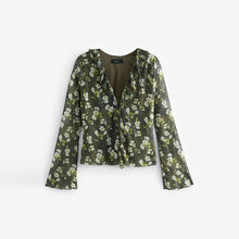 Load image into Gallery viewer, Khaki Green Ditsy Floral Long Sleeve Ruffle Front Mesh Top
