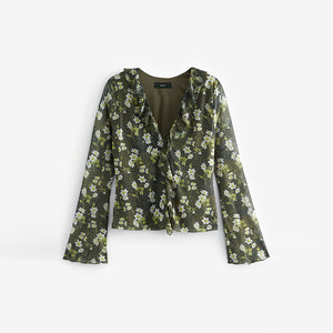 Khaki Green Ditsy Floral Long Sleeve Ruffle Front Mesh Top