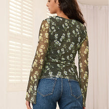 Load image into Gallery viewer, Khaki Green Ditsy Floral Long Sleeve Ruffle Front Mesh Top
