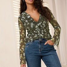 Load image into Gallery viewer, Khaki Green Ditsy Floral Long Sleeve Ruffle Front Mesh Top
