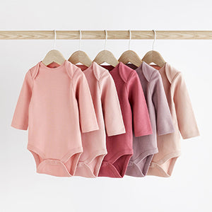 Pink 5 Pack 100% Cotton Essential Long Sleeve Baby Bodysuits