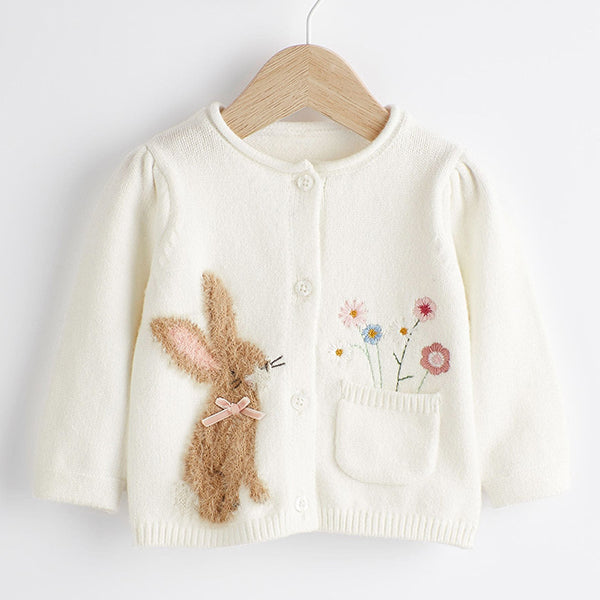 Ecru White Embroidered Bunny Baby Knitted Cardigan (0mths-18mths)