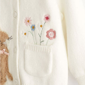 Ecru White Embroidered Bunny Baby Knitted Cardigan (0mths-18mths)