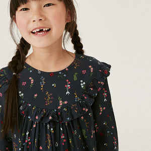 Navy Blue Floral Printed Dress (3yrs-12yrs)