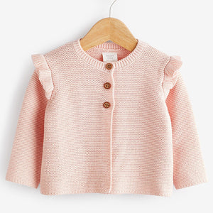 Soft Pink Baby Frill Shoulder Knitted Cardigan (0mths-18mths)