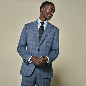 Blue Tailored Fit Wool Blend Check Jacket