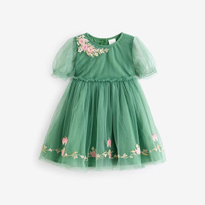 Green Embroidered Mesh Party Dress (3mths-6 yrs)