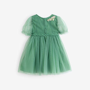 Green Embroidered Mesh Party Dress (3mths-6 yrs)