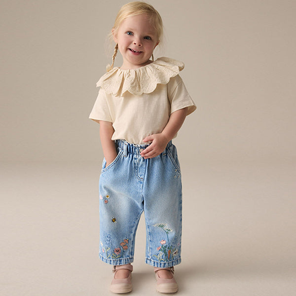 Denim Floral Print Embroidered Barrel-Leg Jeans (3mths-6yrs)