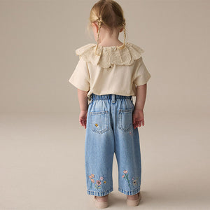 Denim Floral Print Embroidered Barrel-Leg Jeans (3mths-6yrs)