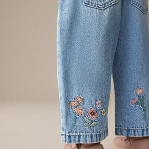 Denim Floral Print Embroidered Barrel-Leg Jeans (3mths-6yrs)