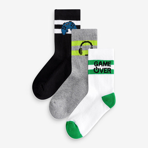 Gamer Headphone Cushioned Footbed Cotton Rich Ribbed Socks 3 Pack