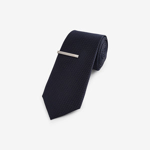 Dark Blue Slim Textured Tie And Clip Set
