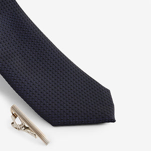 Dark Blue Slim Textured Tie And Clip Set