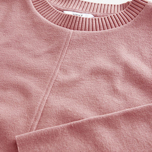 Blush Pink Cosy Soft Touch Rib Seam Detail Crew Neck Jumper