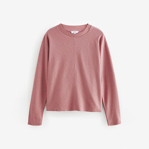 Blush Pink Cosy Soft Touch Rib Seam Detail Crew Neck Jumper