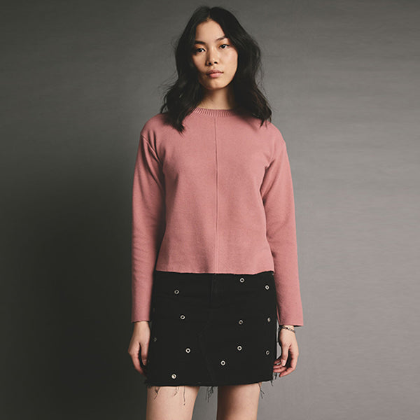 Blush Pink Cosy Soft Touch Rib Seam Detail Crew Neck Jumper