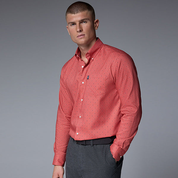 Coral Pink Dot Regular Fit Easy Iron Button Down Oxford Shirt