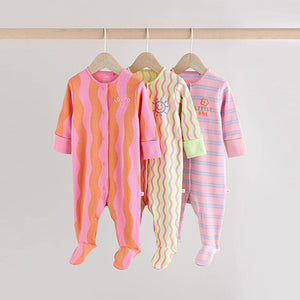 Multi Popper Baby 100% Cotton Sleepsuits 3 Pack
