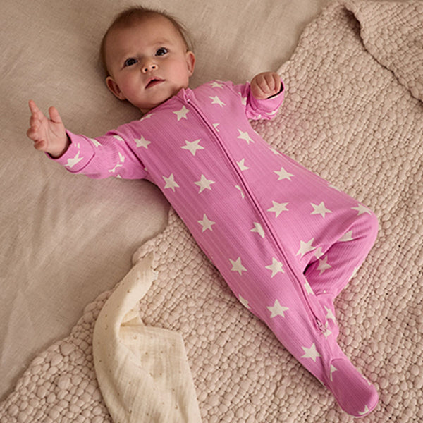 Pink 3 Pack Two Way Zip Baby Sleepsuits (0mths-2yrs)