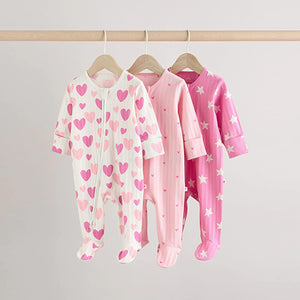 Pink 3 Pack Two Way Zip Baby Sleepsuits (0mths-2yrs)
