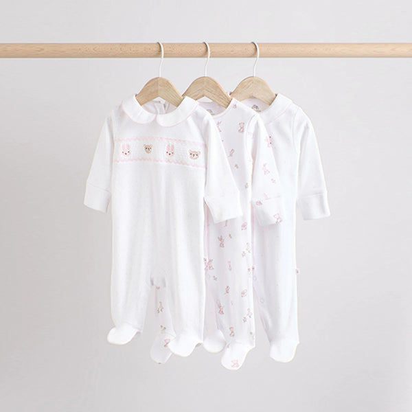 White Collar 3 Pack Baby Sleepsuits