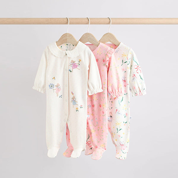 Pink Baby Frill Printed 100% Cotton Sleepsuits 3 Pack