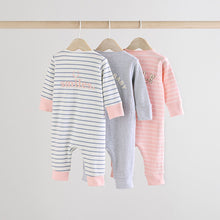 Load image into Gallery viewer, Pink/Grey 3 Pack Two Way Zip Baby Sleepsuits (0mths-18mth)
