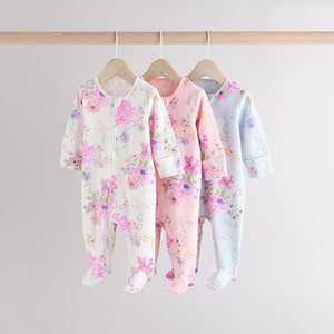 Pink 3 Pack Two Way Zip Baby Sleepsuits