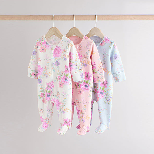 Pink 3 Pack Two Way Zip Baby Sleepsuits