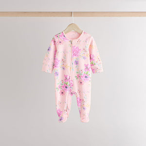 Pink 3 Pack Two Way Zip Baby Sleepsuits