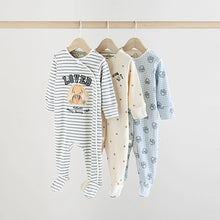Load image into Gallery viewer, Blue/White Bunny 3 Pack Baby Sleepsuits
