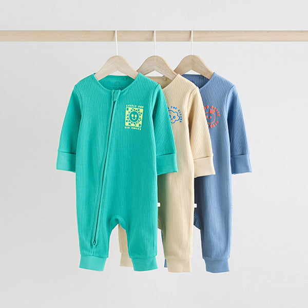 Blue 3 pack Baby Two Way Zip Footless Cotton Sleepsuits