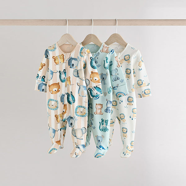 Blue Two Way Zip Baby Sleepsuits 3 Pack