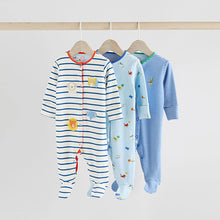 Load image into Gallery viewer, Blue Baby Embroidered Sleepsuits 3 Pack
