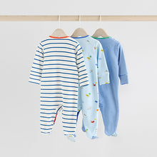 Load image into Gallery viewer, Blue Baby Embroidered Sleepsuits 3 Pack
